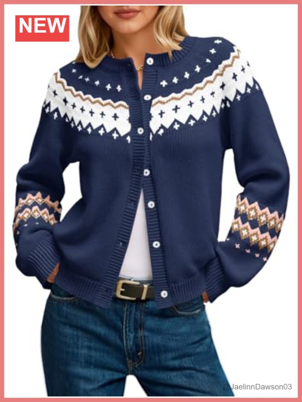Fair Isle Button Up Cardigan Sweater Long Sleeve Crew Neck Open Front